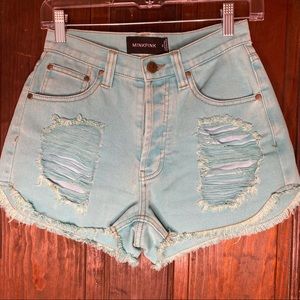 MINKPINK DISTRESSED TURQUOISE CUTOFF DENIM SHORTS